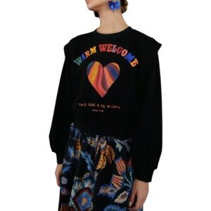 Farm Rio Welcome Ruffled Croped Sweatshirt Black Multicolor Festival Beach Cozy